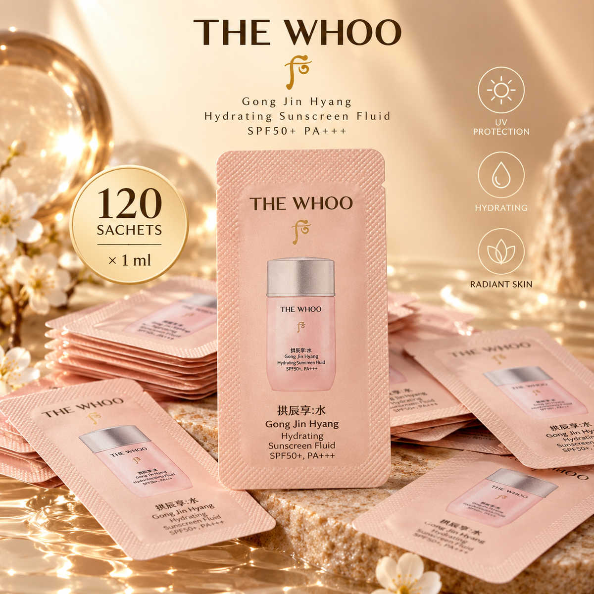Whoo Gong Jin Hyang Hydrating Sunscreen Fluid SPF50+,PA+++1 ml*120 pcs