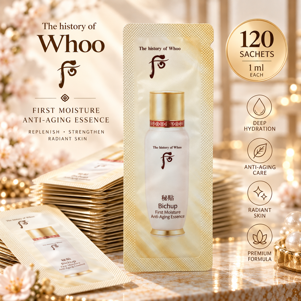 L'histoire de l'essence anti-âge First Moisture de Whoo Bichup 1 ml (10 à 120 pièces)