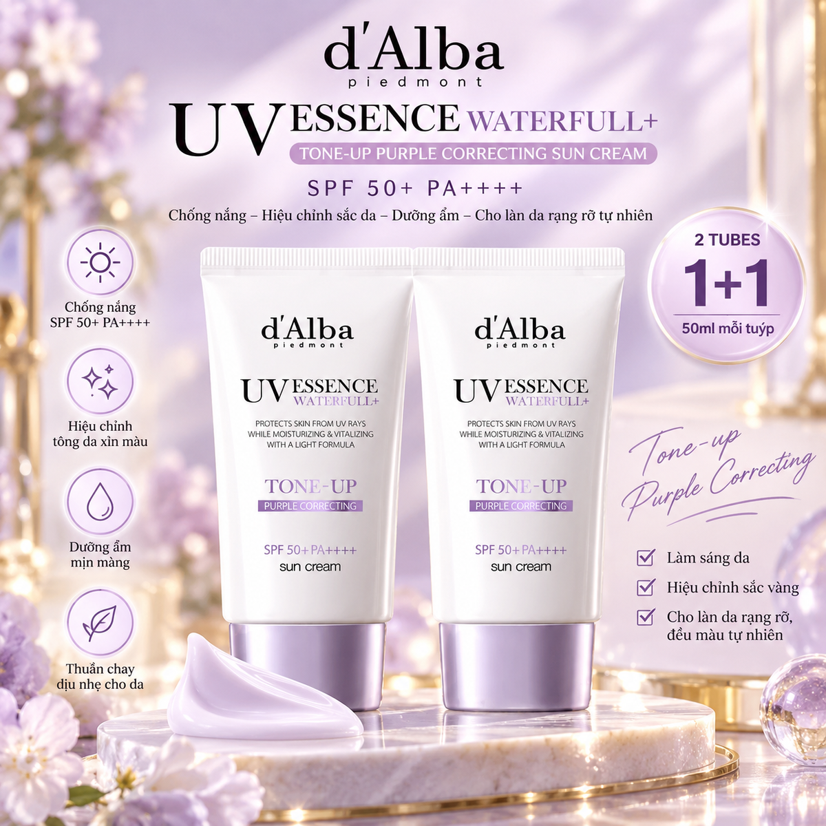 d'Alba Waterfull UV Essence Tone Up Crème Solaire Correctrice Violette SPF 50+ PA++++ 50 ml + 50 ml