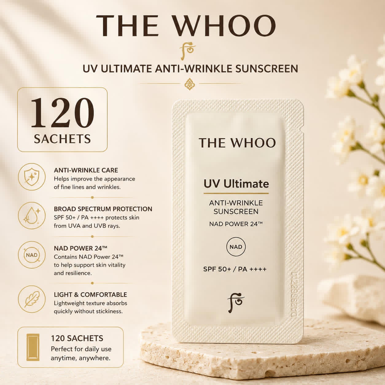 Whoo Anti Wrinkle Uv Ultimate Sun Cream SPF50 120pcs* 1 ml