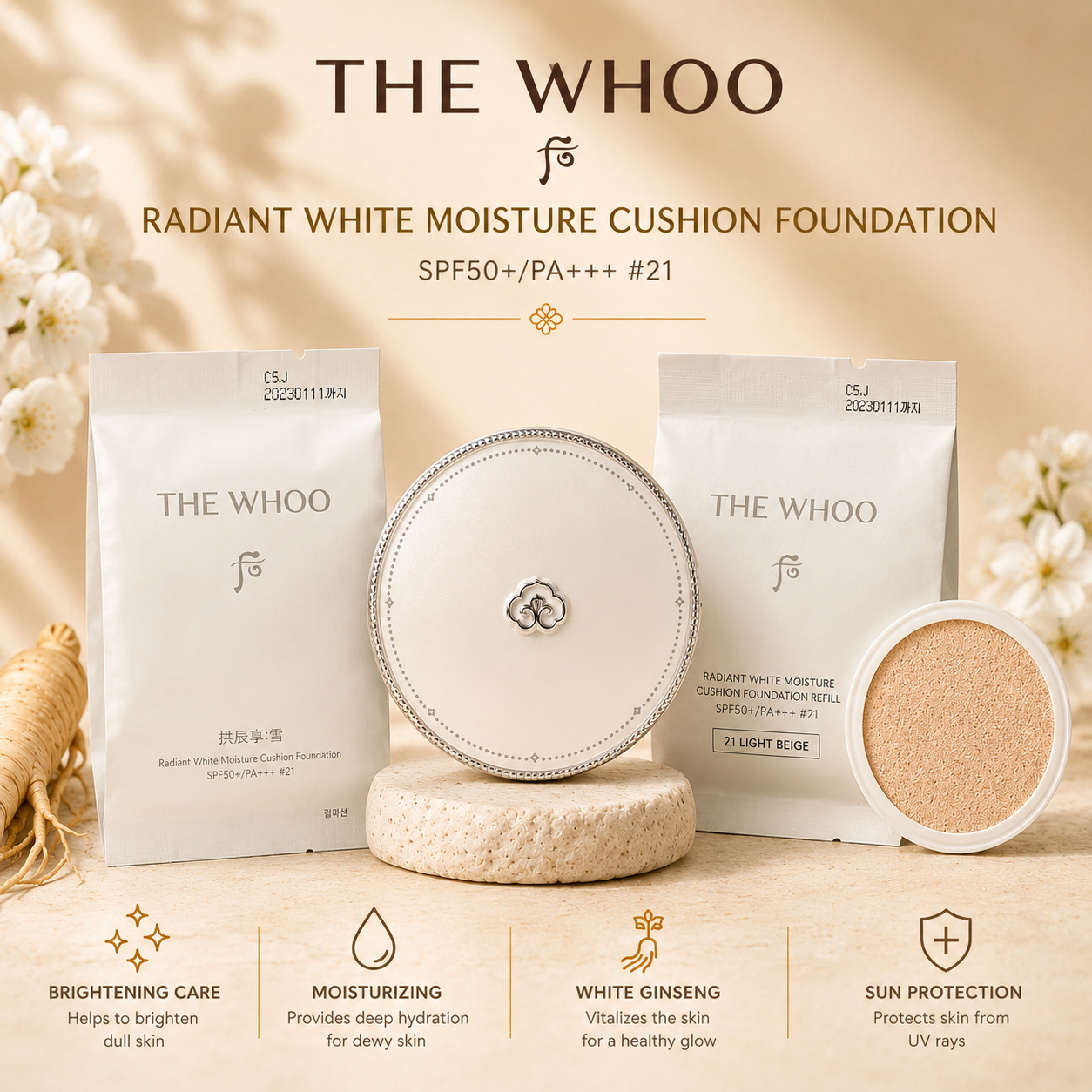 Whoo Gongjinhyang Seol Radiant White Moisture Cushion Foundation Set SPF50+/PA+++ 13g x 2 Refills