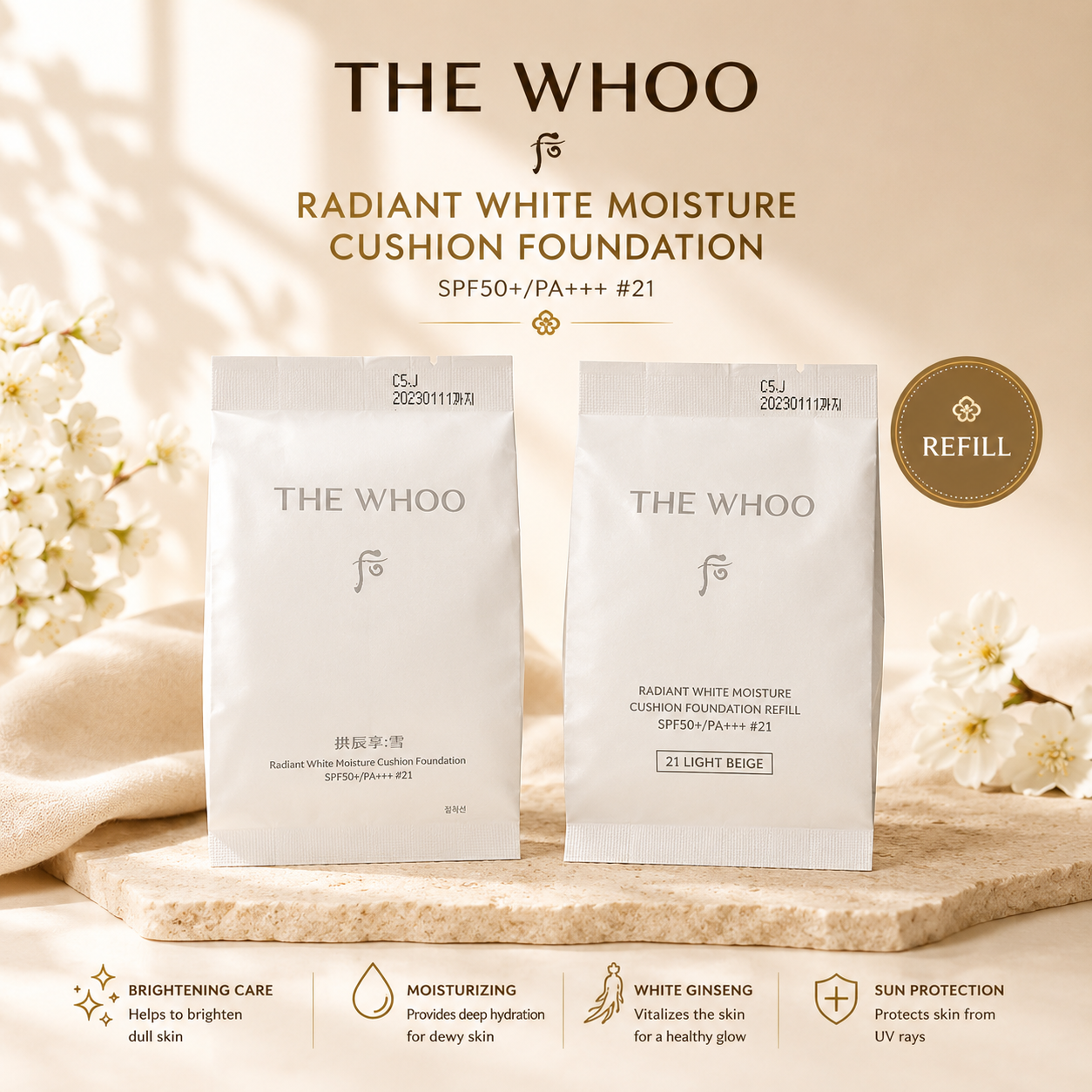 Whoo Gongjinhyang Seol Radiant White Moisture Cushion Foundation Set SPF50+/PA+++ 13g x 2 Refills