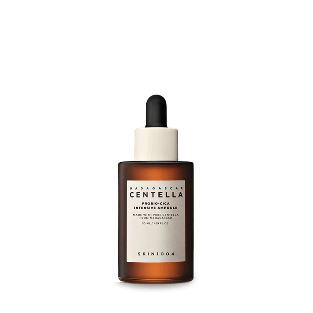 Skincare dropper bottle with Madagascar Centella label on a white background