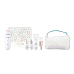 Skincare product set with bags and packaging on a white background