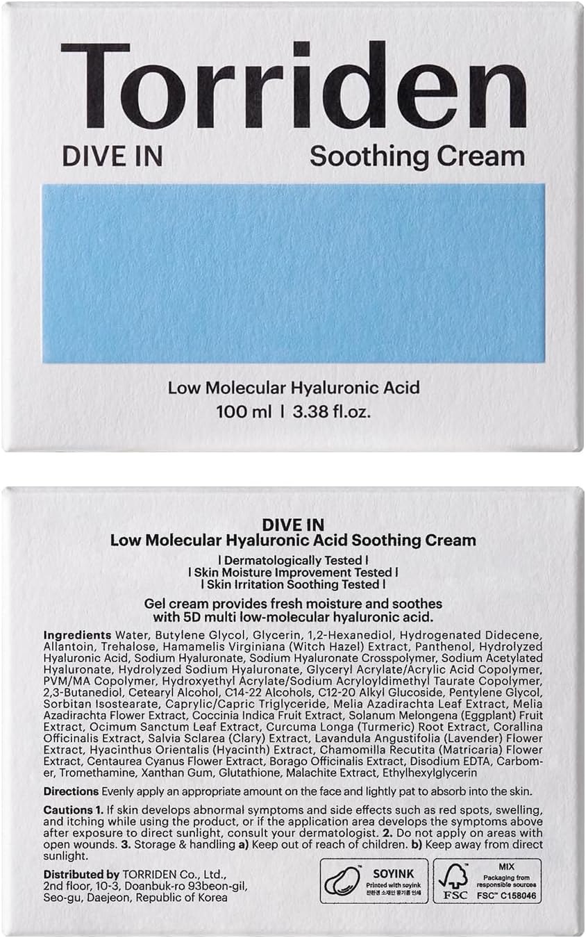 Torriden Dive-in low molecular hyaluronic acid soothing cream 100ml/ 3.38 fl.oz