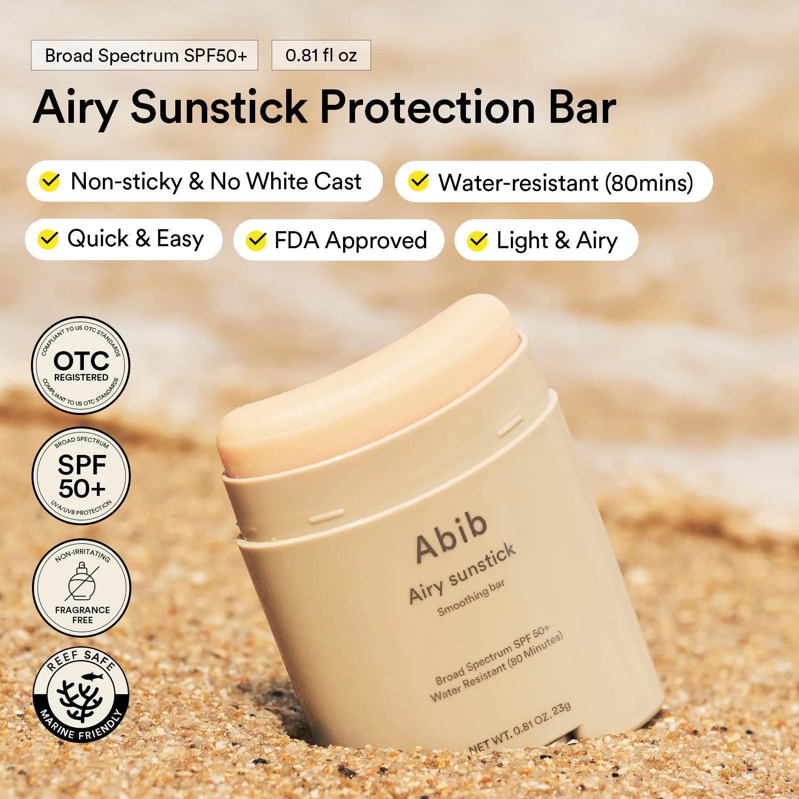 Abib Airy Sunstick Smoothing Bar, SPF 50+, 0.81 oz (23 g)